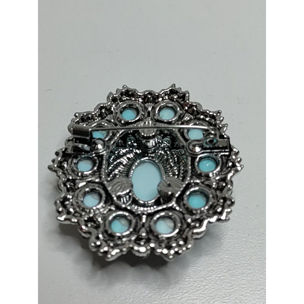 Oval 2 Tone Blue Rhinestone Brooch Fashion Brooch 2" X 1.75" 2 Layer - Picture 2 of 5